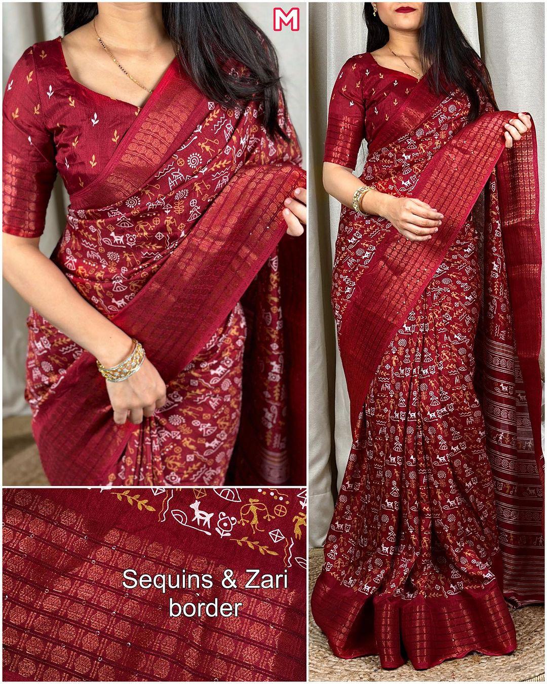 DOLA SILK SAREE WITH WORLI PRINT AND ZARI BORDER