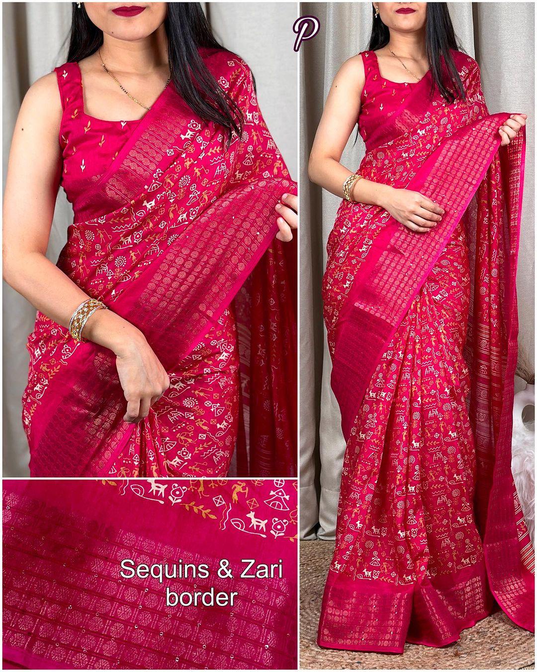 DOLA SILK SAREE WITH WORLI PRINT AND ZARI BORDER