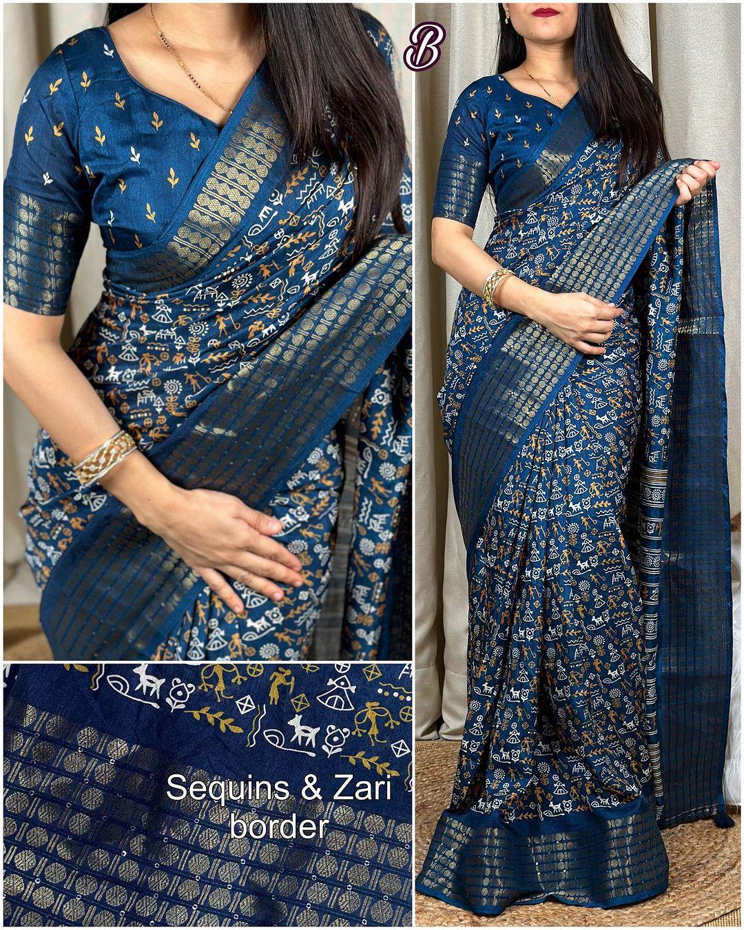 DOLA SILK SAREE WITH WORLI PRINT AND ZARI BORDER