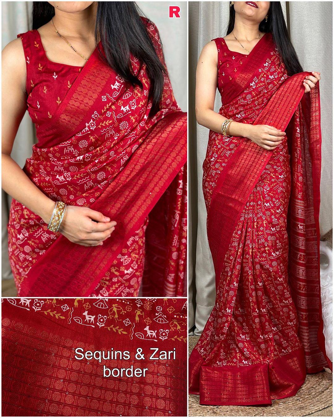 DOLA SILK SAREE WITH WORLI PRINT AND ZARI BORDER