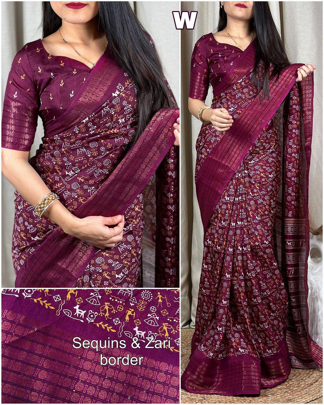 DOLA SILK SAREE WITH WORLI PRINT AND ZARI BORDER