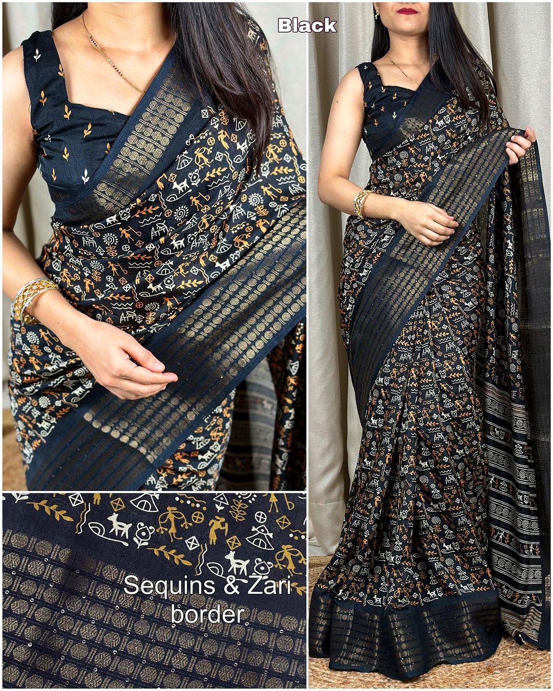 DOLA SILK SAREE WITH WORLI PRINT AND ZARI BORDER